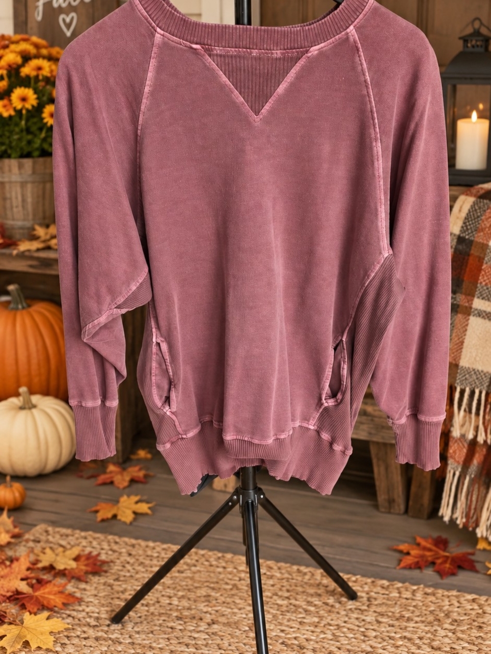 Zenana Pigment Dyed French Terry Pullover Top with Pockets – Cabernet Pink L - Picture 2 of 7